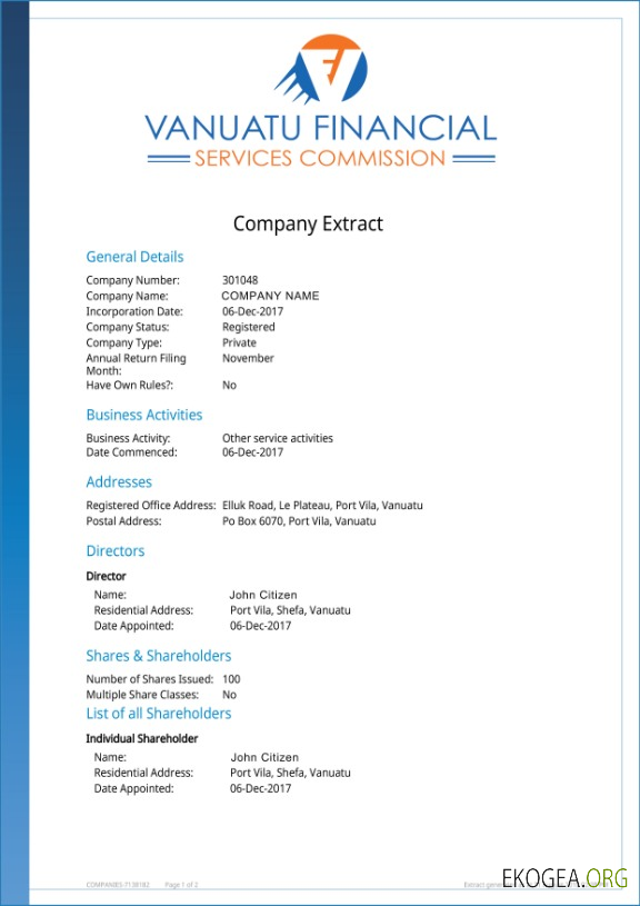 Extrait de société de Vanuatu